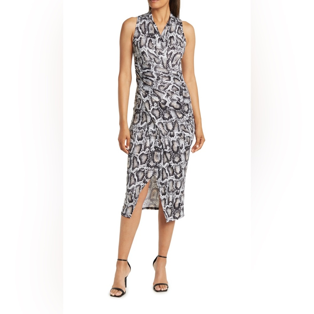Rachel Roy Snakeskin Print Faux Wrap Ruched dress Sz L NWT